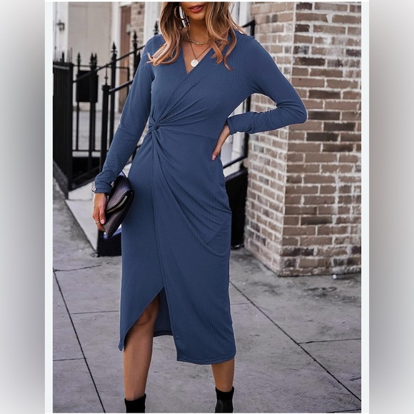 Blue Asymmetrical Wrap Dress with Long Sleeves - Picture 1 of 8